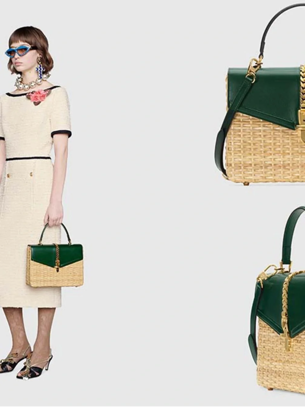 Gucci Green Leather & Natural Wicker Sylvie Top-Handle